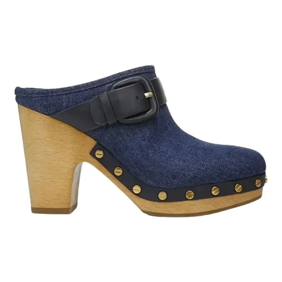 Veronica Beard Dacey Buckle Platform Clogs Eclipse Blue Denim Mules Slip On 6 - Picture 2 of 12